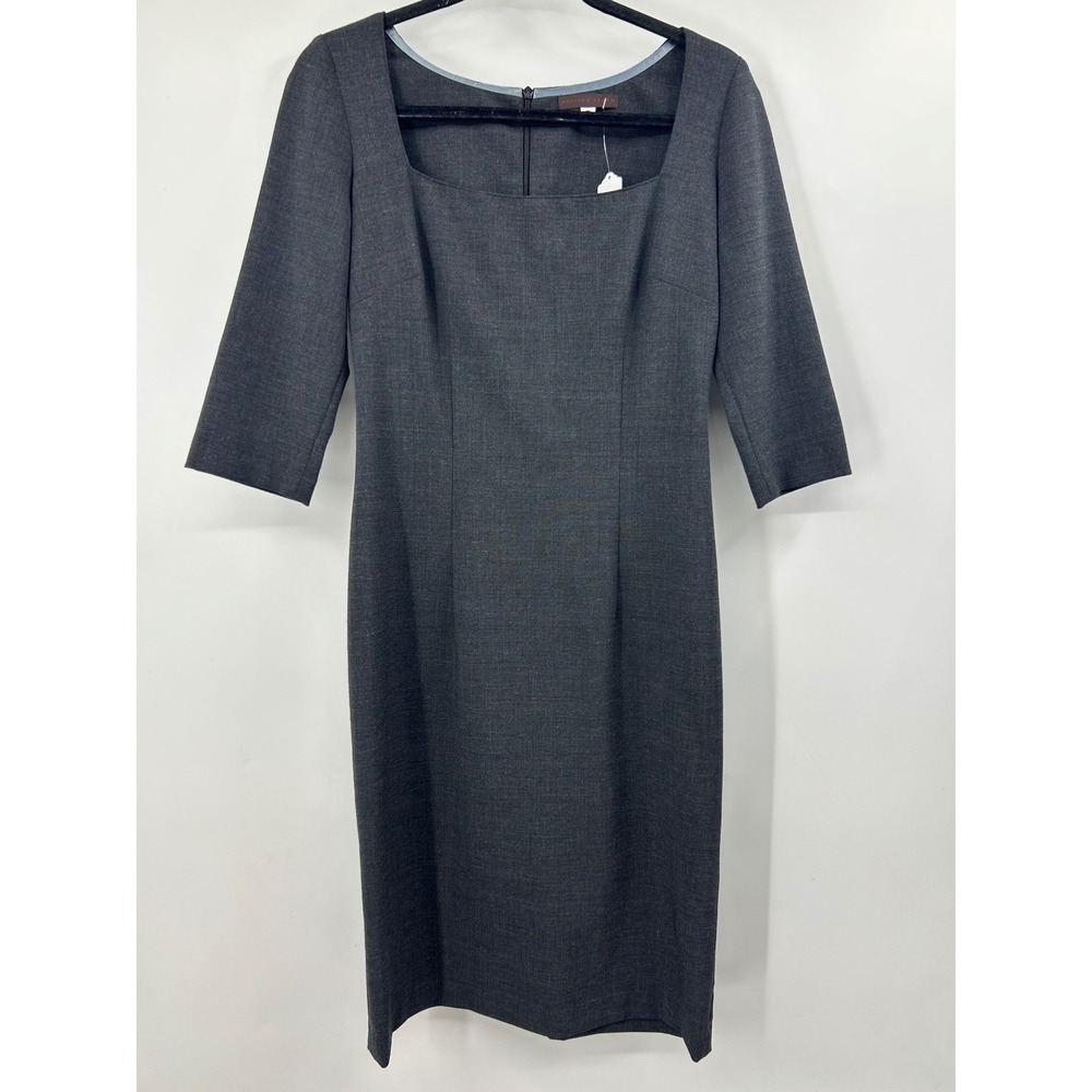 Madison Brown Charcoal Grey Wool Blend Square Neck Sheath Dress 3/4 Sleeve Small